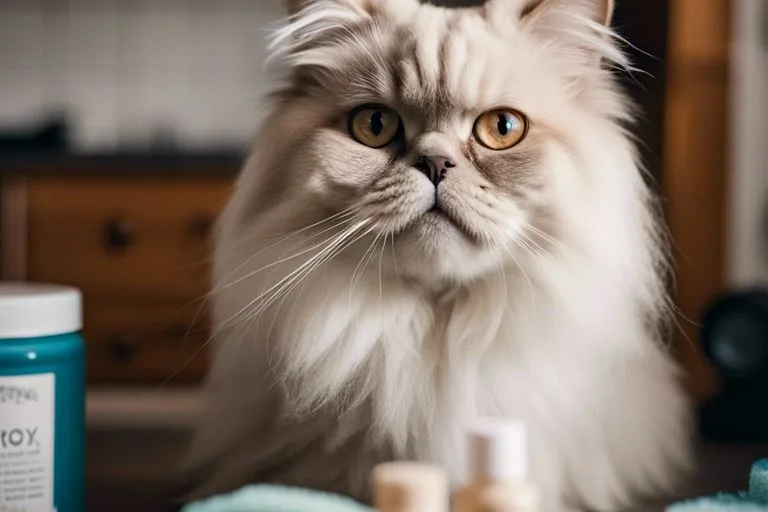 Fluffy Persian cat with amber eyes indoors.
