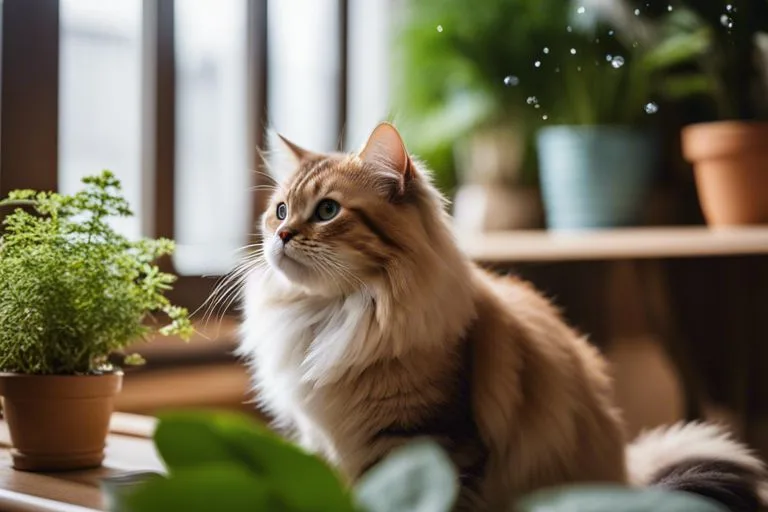 Fluffy orange cat gazing by indoor plants.
