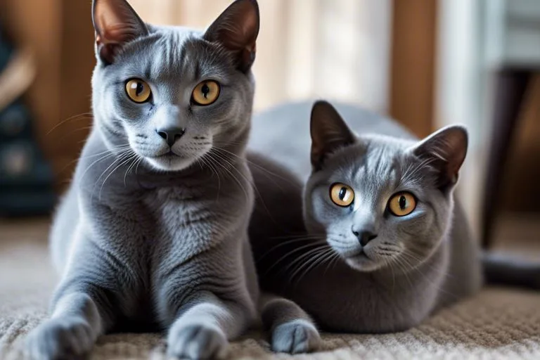 Two gray cats with yellow eyes indoors.