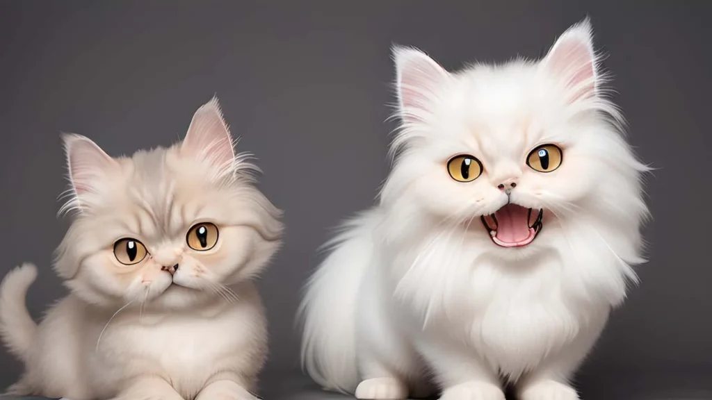Two fluffy white Persian cats, one meowing.