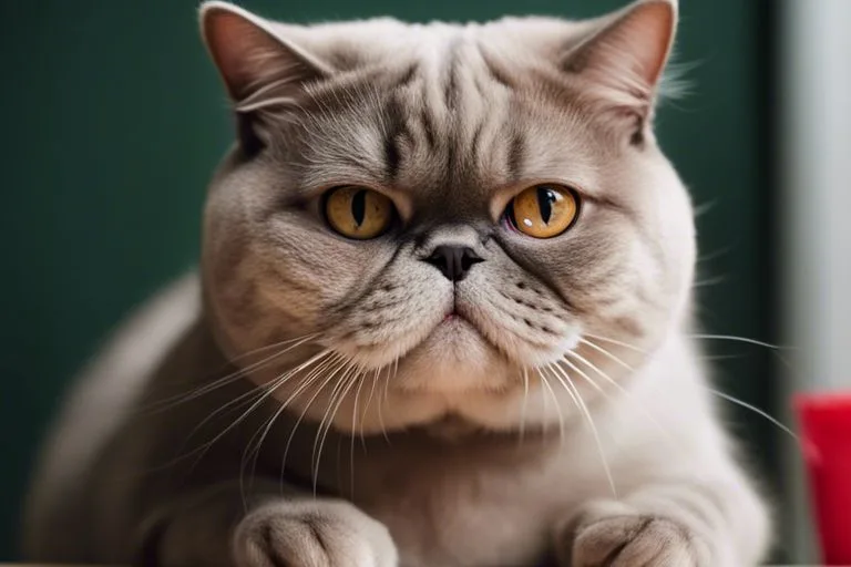 Grumpy-looking grey British Shorthair cat with yellow eyes.