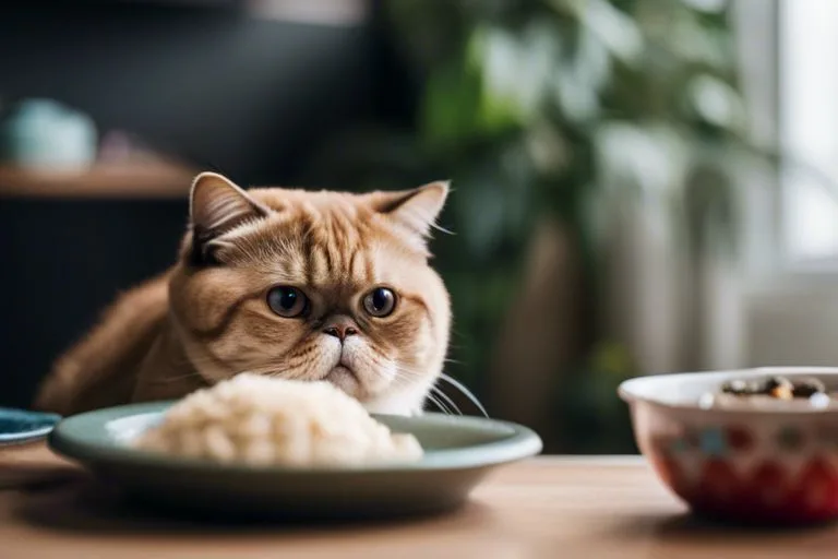 Exotic Shorthair cat with food on table.