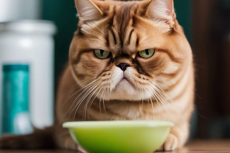 Grumpy Exotic Shorthair cat with food bowl.