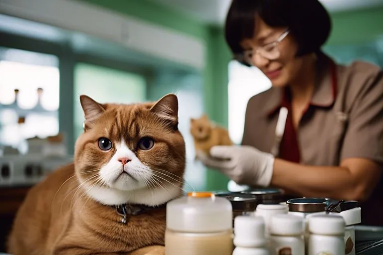 Veterinarian examining cats in clinic.