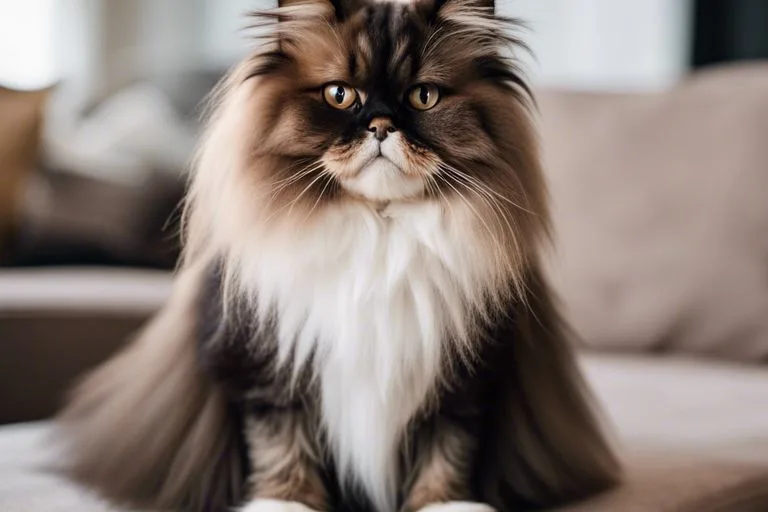 Fluffy Persian cat with striking eyes indoors.