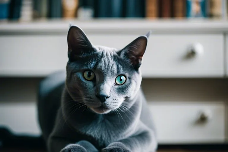 Grey cat with green eyes indoors.