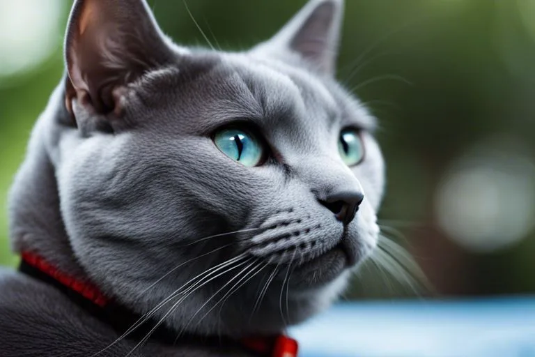Gray cat with blue eyes looking away.