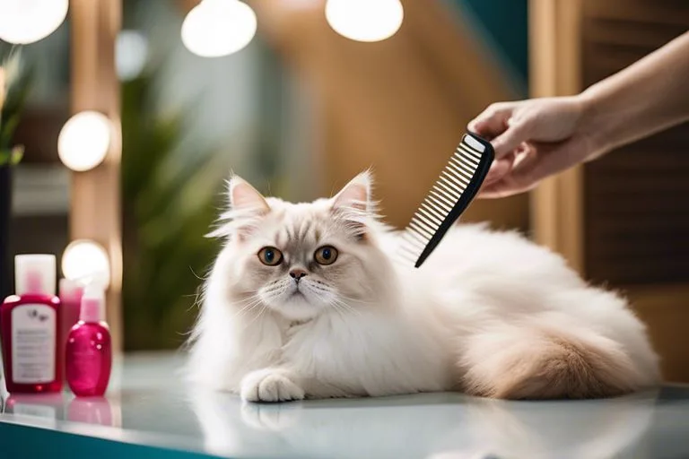 Grooming fluffy white cat with a comb.
