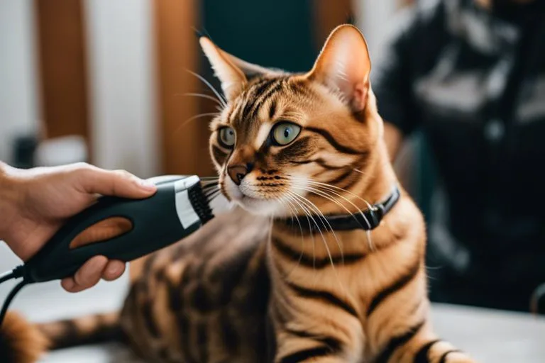 Bengal cat being groomed with electric trimmer.