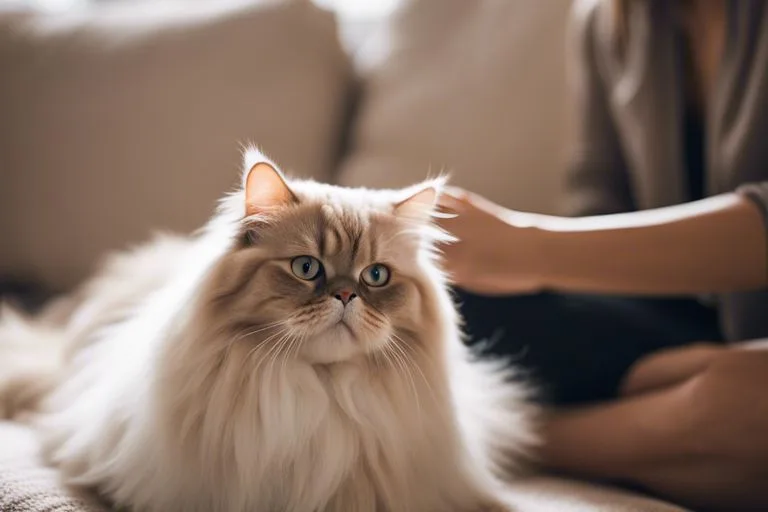 Person petting fluffy Persian cat indoors.