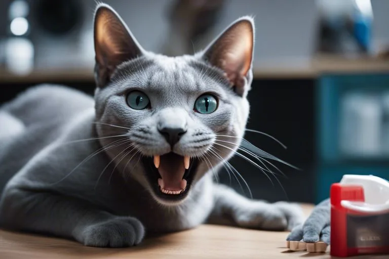 Gray cat with wide eyes meowing indoors.