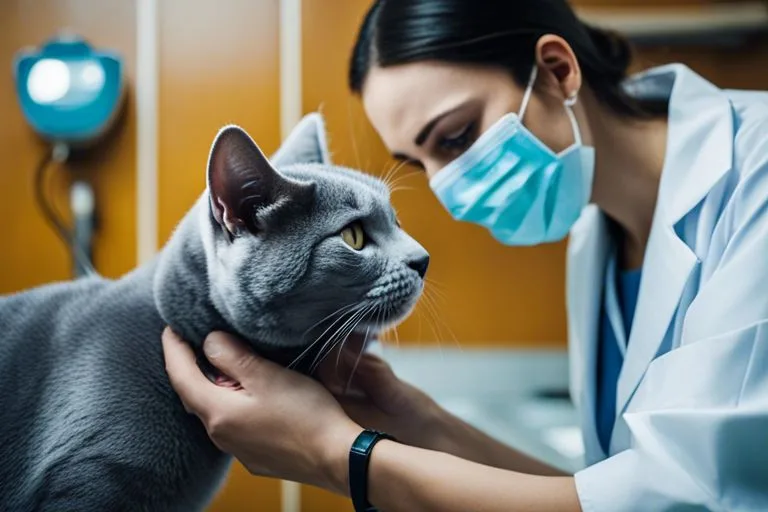 Veterinarian examining a gray cat in clinic.
