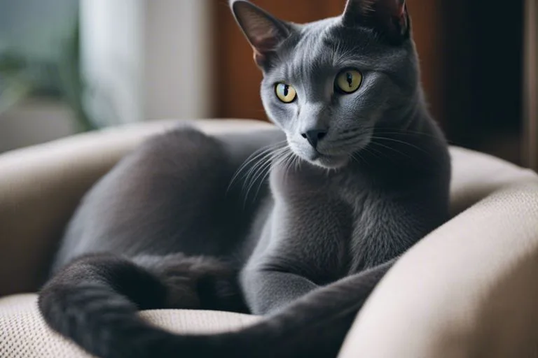 Gray cat with yellow eyes on beige sofa.