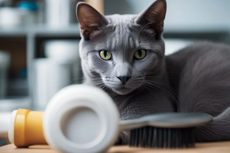 Gray cat with brush and spilled bottle.