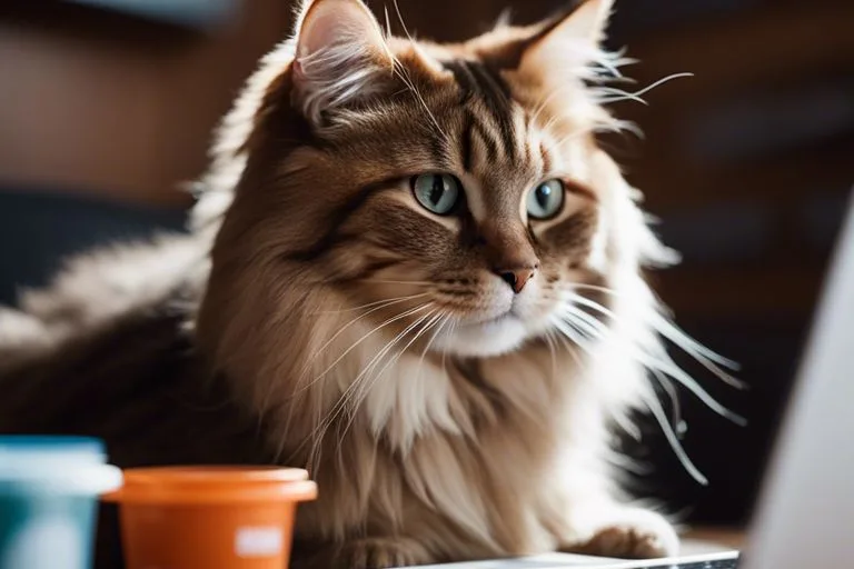 Majestic long-haired cat beside laptop and coffee cup.