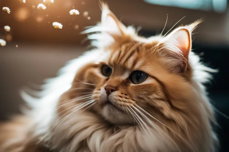 Fluffy orange Maine Coon cat with twinkling lights.