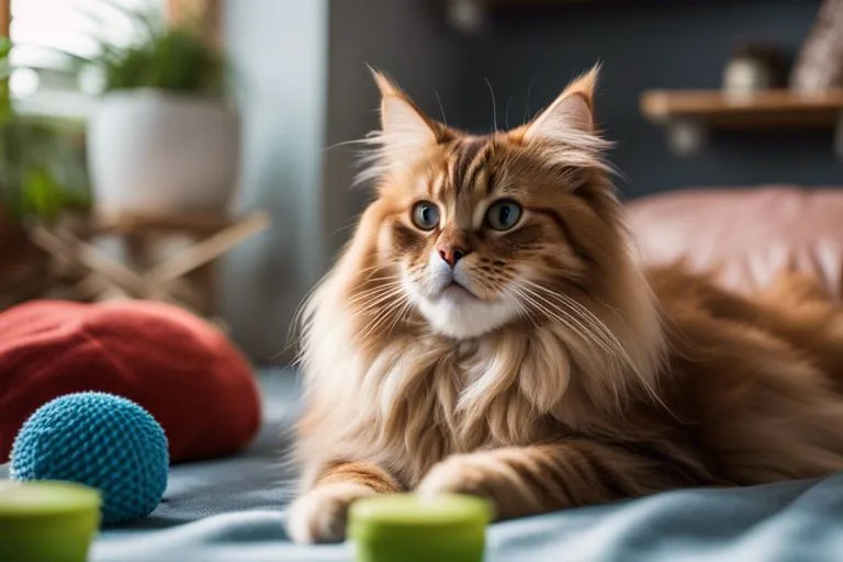 Long-haired orange cat with toys on a couch.