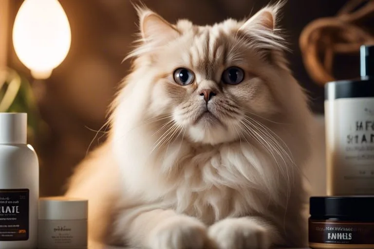 Persian cat with grooming products.