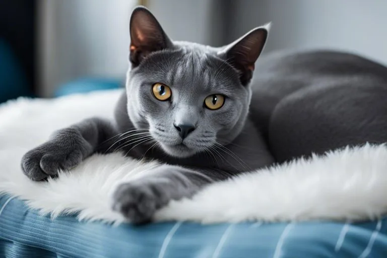 Gray cat with yellow eyes lying on fur.